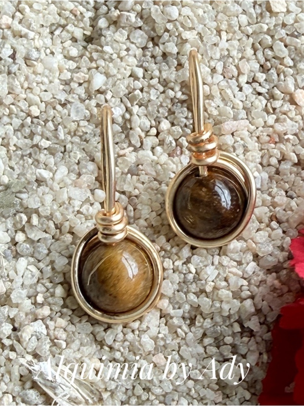 Alquimia Gold and Brown Tiger Eye Wire-Wrap Drop Earrings